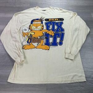 VINTAGE Garfield Mr Fix It Cartoon Shirt Mens Large White Long Sleeve Sun 70s
